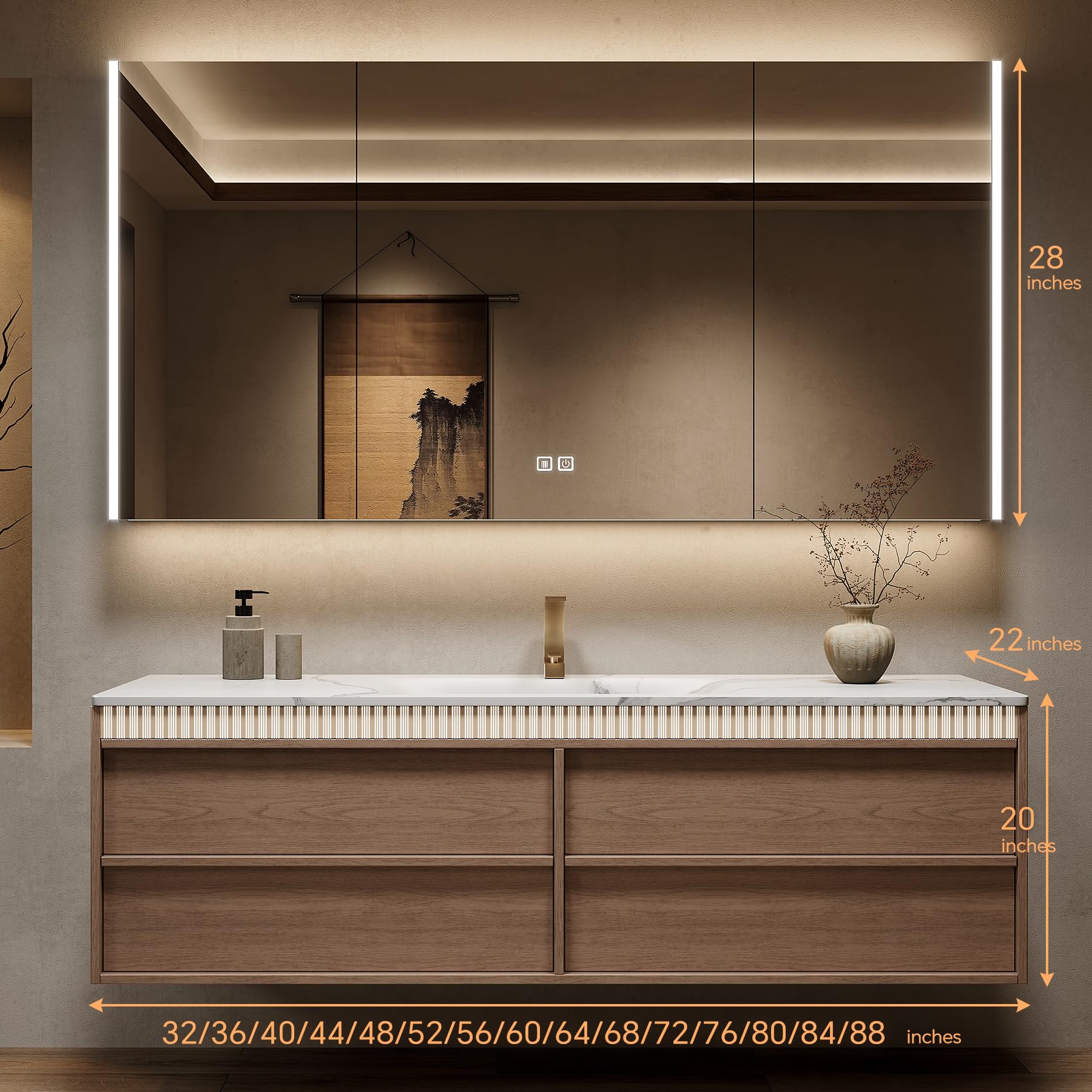 Meuble de salle de bain flottant de qualité supérieure de 193 cm avec lavabo simple/double miroir LED intelligent avec désembuage Armoire en bois assemblée pour salles de bains modernes