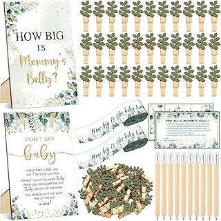 114 Pcs Baby Shower Decorations How Big Is Mom's Belly Don't Say Sign Measure Bump Game for 50 Guest Tummy Measure Rolls Pencils Clothespins for Gender Reveal Party Supply(Greenery)