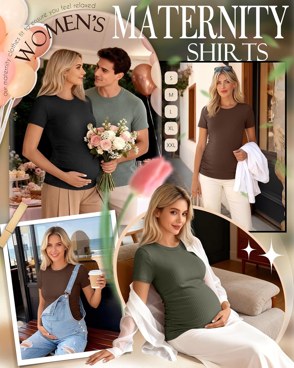 Ficerd 3 Pack Women's Maternity Shirts Cotton Short Sleeve Pregnancy Tops Side Ruched Ribbed Casual Mama tees Clothes - Image 3