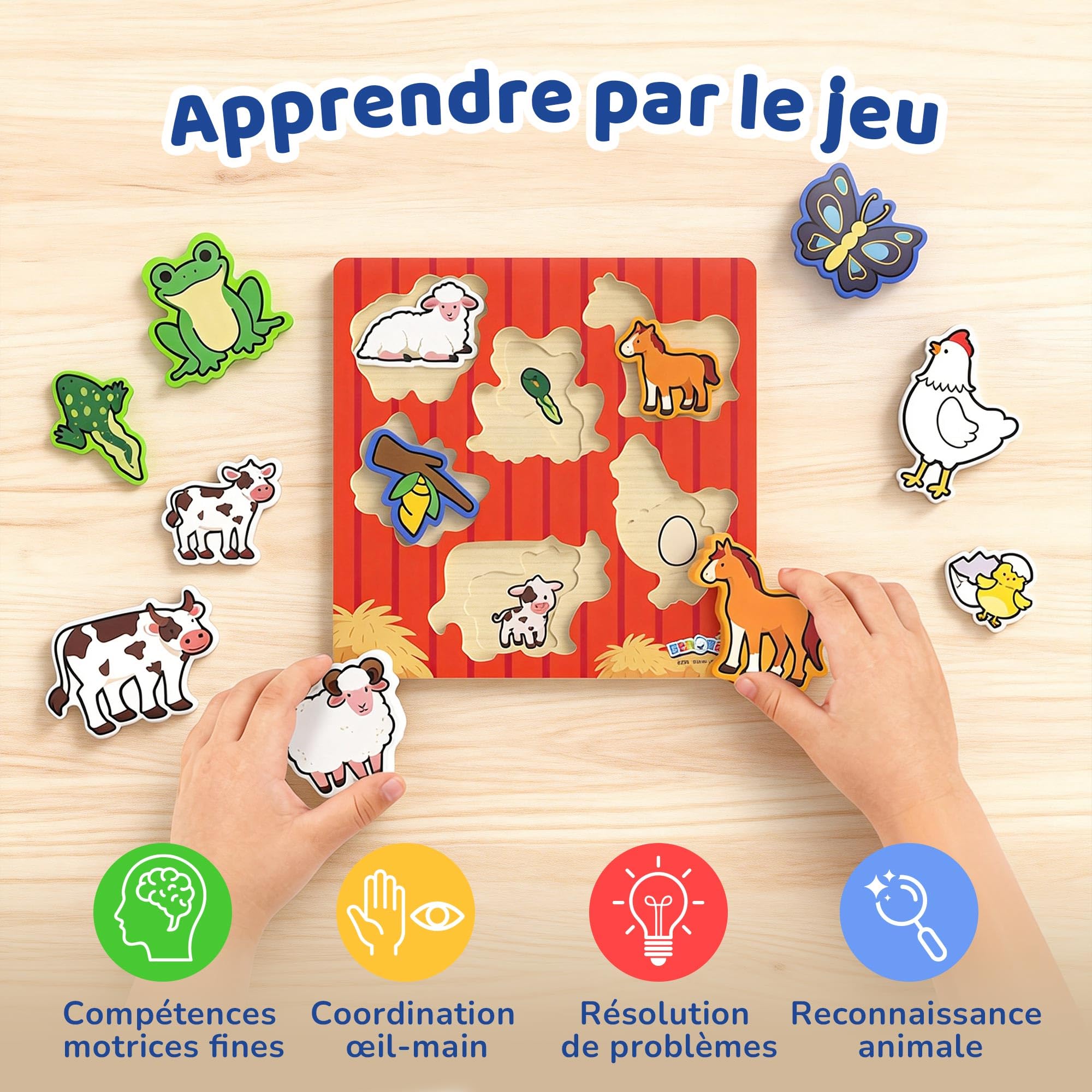 BenBen Puzzle en bois Montessori pour 1-3 ans, jouet à emboîter animaux