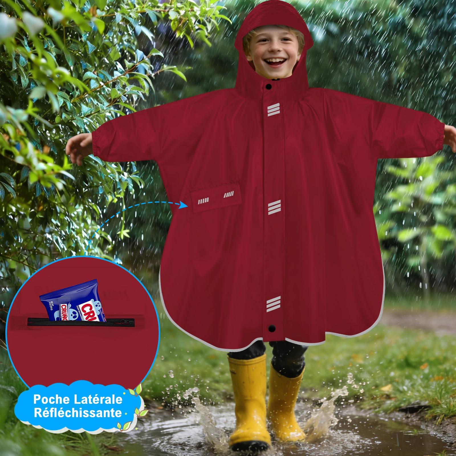 Poncho Pluie Enfant Poncho de Pluie Imperméable Garçons Filles Réutilisable Léger Cape De Pluie Capuchon Manches Réfléchissante Cape De Pluie Unisexe Pour Va à L'école Randonnée Voyage