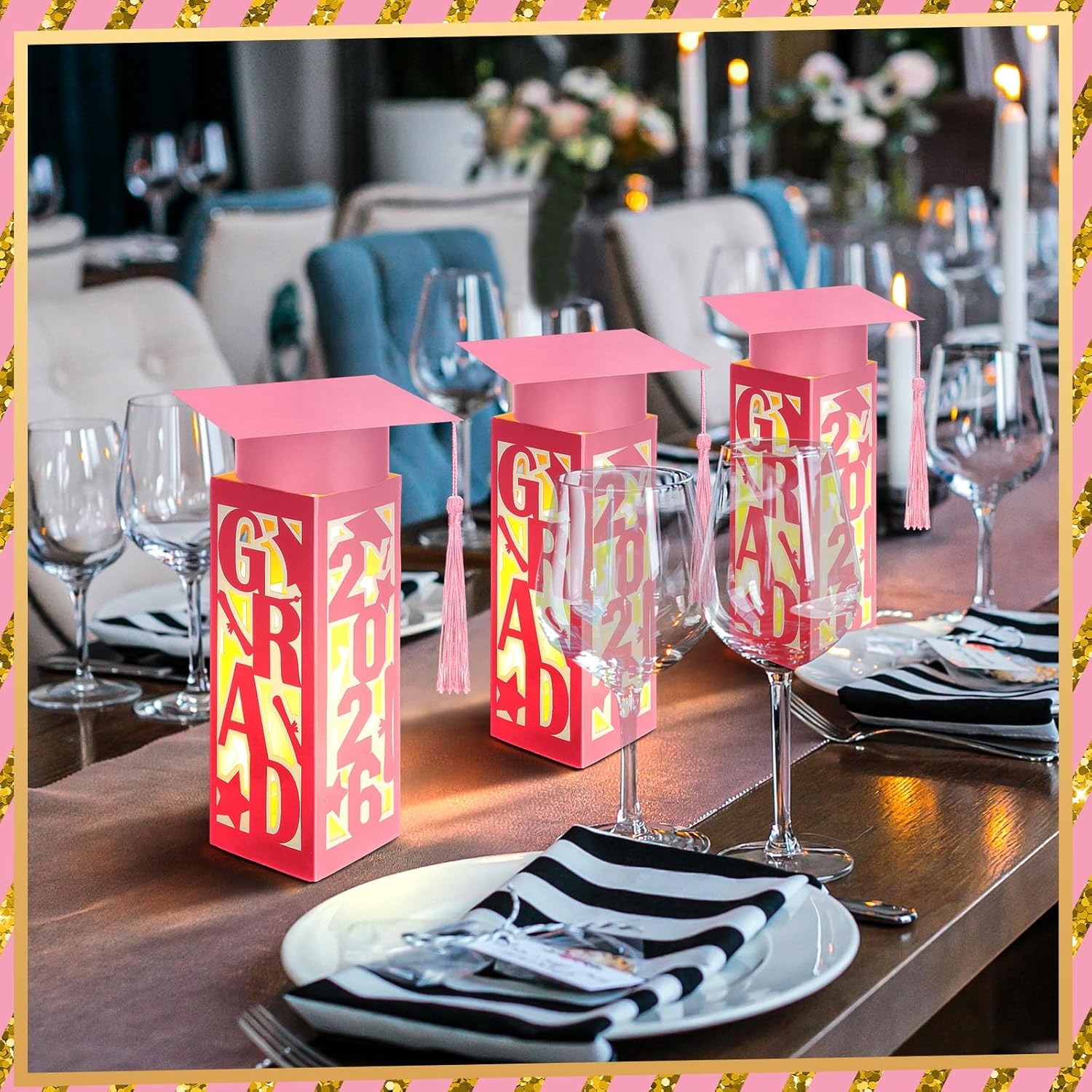 Tellingyou 9 Pcs Graduation Table Centerpieces Boxes 2026 Graduation Lantern Boxes with LED Light Small Cap Table Decorations Congrats School College Photo Props(Grad,Pink)