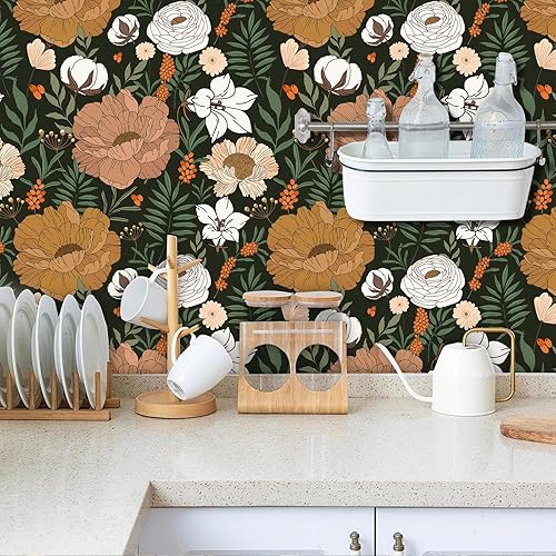 Miniatura 6 de WENMER Papel tapiz floral grande para despegar y pegar, papel tapiz floral bohemio vintage, papel tapiz extraíble de margaritas peonías y camelia,