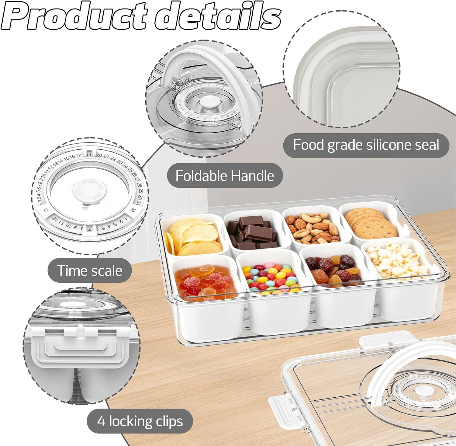 Divided Serving Tray with Lid and Handle,Time Recording 8 Compartments Snackle Box Container - Charcuterie Board for Portable Snack Platters - Clear Organizer for Fruits Snacks,Perfect for Travel