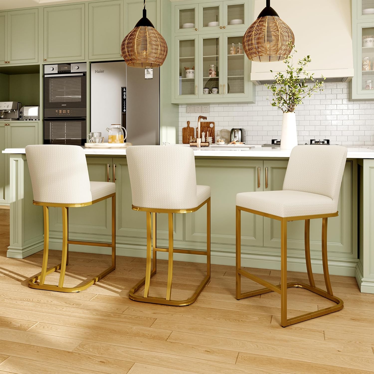 MAISON ARTS Bar Stools Set of 2, 24 Inch Counter Height Barstools with Back, Modern Upholstered Faux Leather Bar Chairs for Kitchen Island Home Bar, Gold Metal Frame, Footrest, Off White