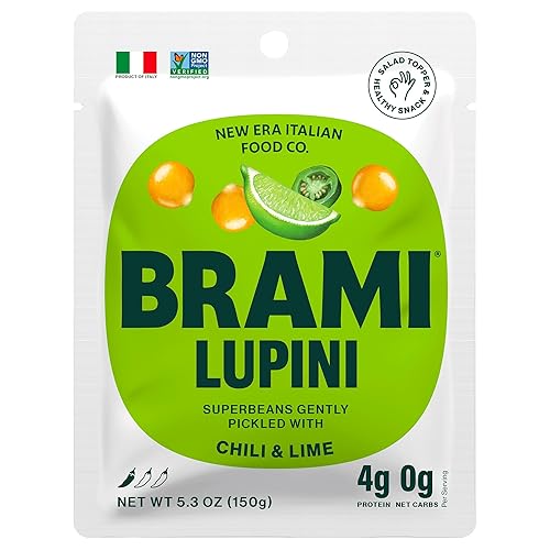 BRAMI Lupini Frijoles Snack, chile y lima, 0.17 oz de proteína a base de plantas, 0.00 oz de carbohidratos netos, vegano, vegetariano, keto, dieta