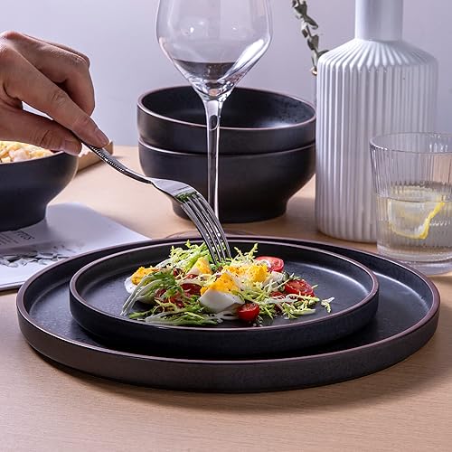 Miniatura 10 de LERATIO Juego de 6 platos de cerámica planos de ensalada de 8.0 pulgadas, platos modernos de borde alto para cocina, microondas y lavavajillas y