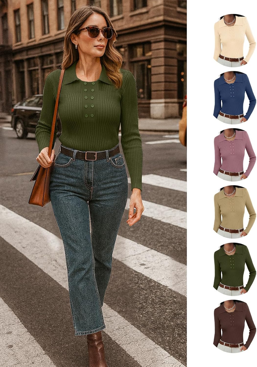 Ninee Womens Long Sleeve Pullover Sweaters Casual Lapel Crew Neck Button Down Tops Trendy Fall Knit Slim Fit Shirts - Image 4