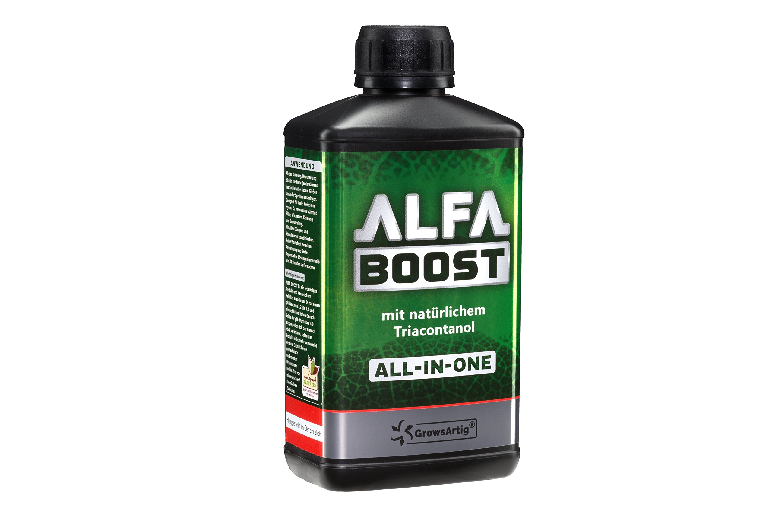 ALFA Boost All-IN-ONE - Booster per piante con triacontanolo, 0,5 litri, per fioritura, crescita e radicamento, aumenta la resa. Biocertificato.