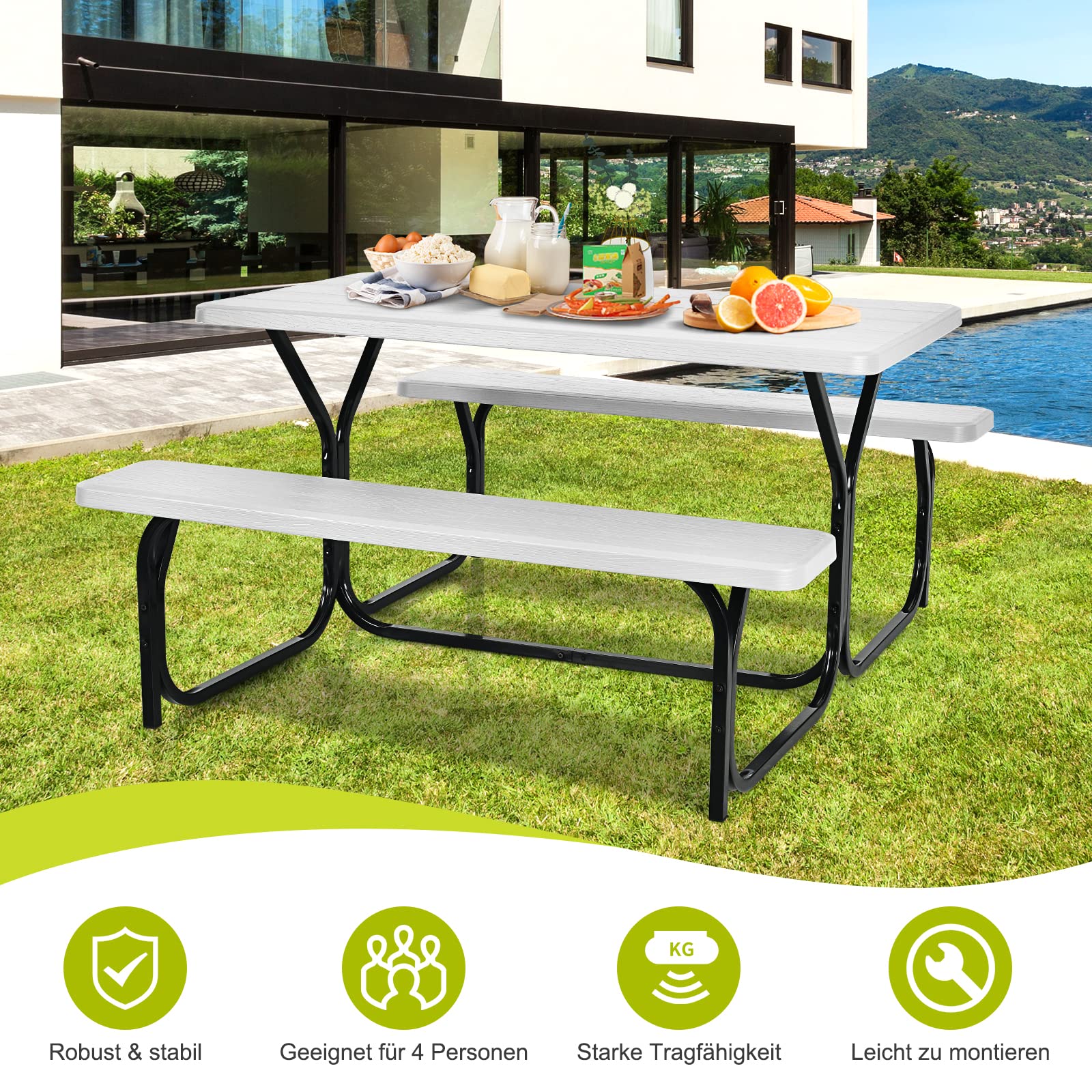 GOPLUS Bierzeltgarnitur Campingtisch mit 2 Bänken, Picknick Sitzgarnitur mit HDPE-Tischplatte & Stabilem Metallgestell, Gartensitzgruppe für 4 Personen, 137 x 150 x 72 cm (Weiß)