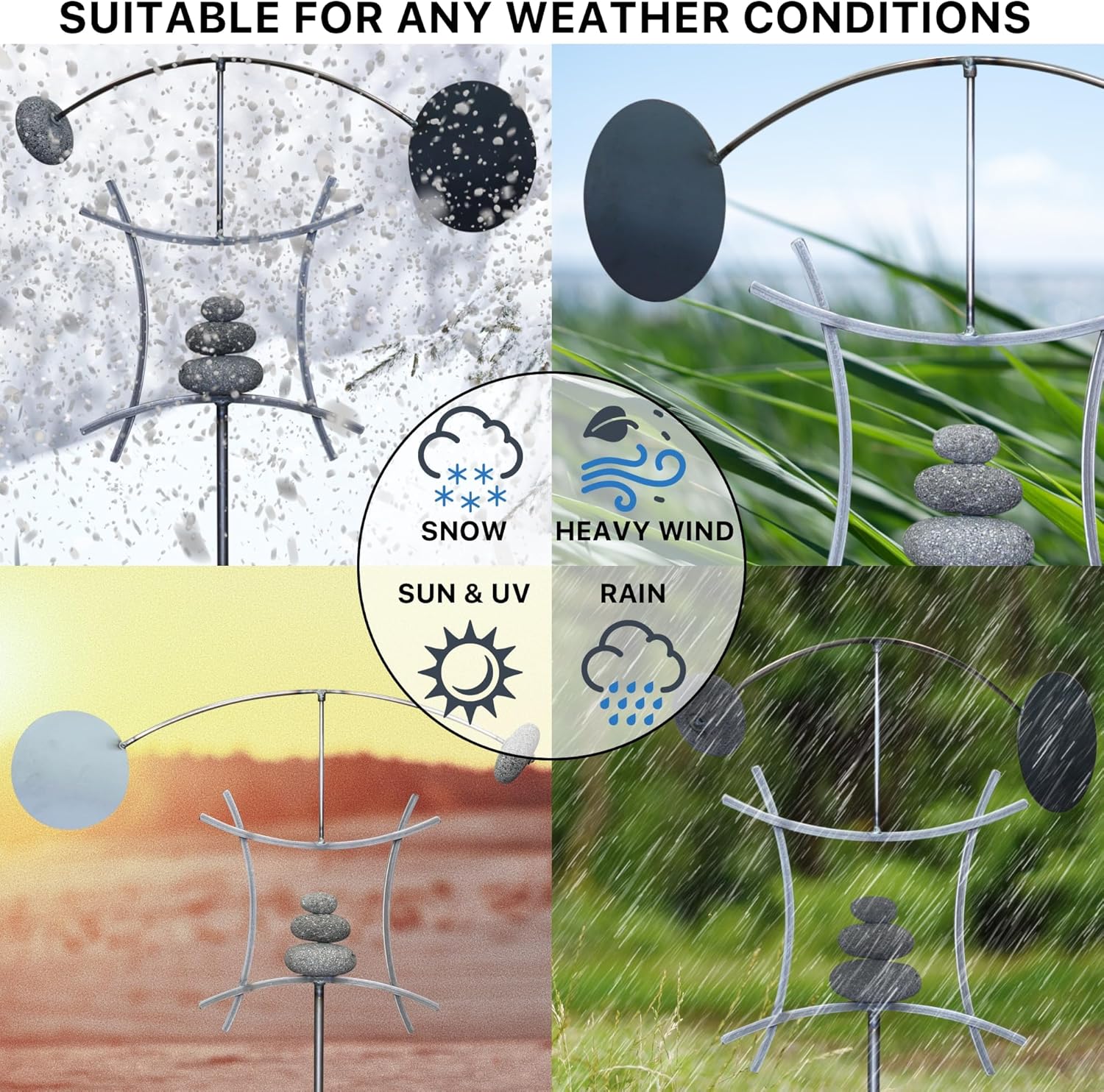 Aura Life Zen Garden Spinner Kinetic Wind Sculpture with Rock Cairn & Stake - Relaxing Outdoor Spinners for Yard and Garden - Handmade Outdoor Wind Art Vane Sculptures (Bare Steel)