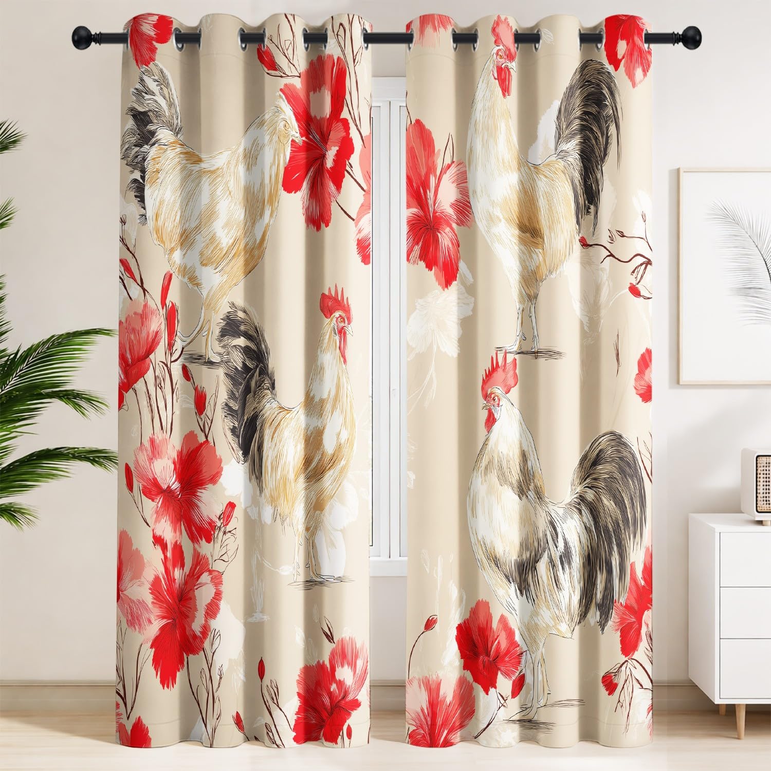 Rideaux isolants thermiques poules & coqs 140x260cm lot de 2
