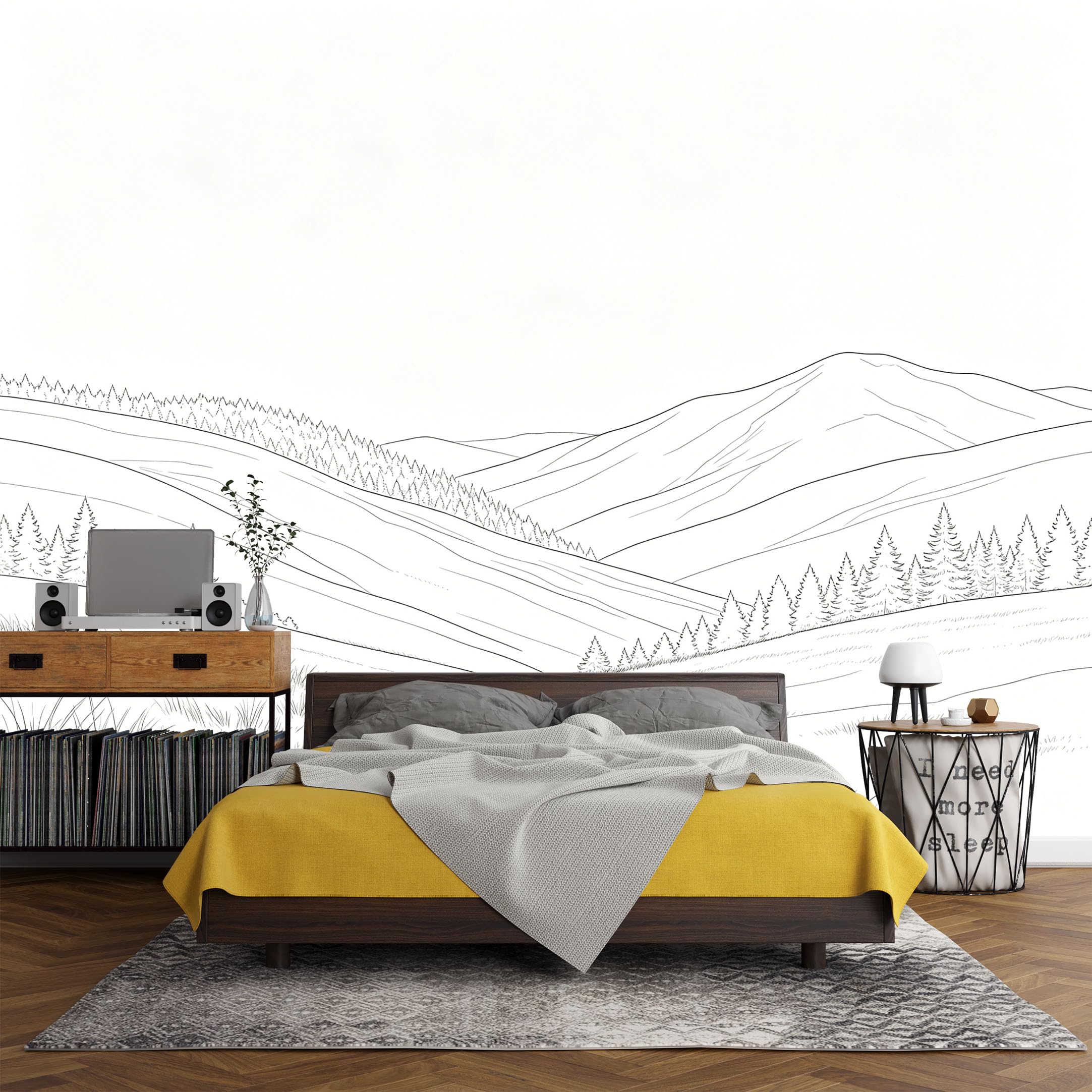 Custom Size Wall Mural， Mountain Lake Landscape Line Art Minimalist Nature Hills Forest View，SelfAdhesive Art Prints wall Fabric (No PVC) Removable Wallpaper Living Room Decor