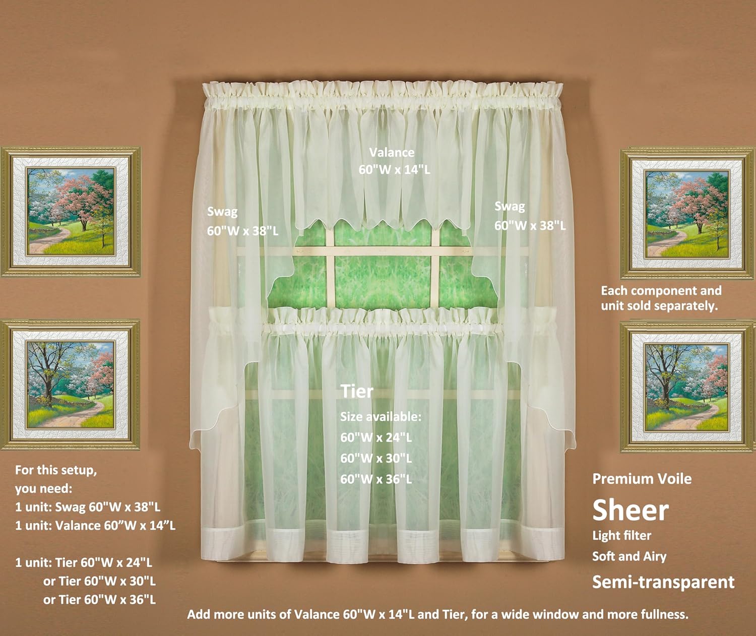 Today's Curtain Emelia Original Voile Swag Pair 38", Ecru, 60" W x 38" L