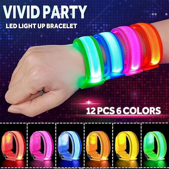 GIFTINBOX 12/6 PCS LED Light Up Bracelets for Kids Adults, LED Glow Flashing Arm Wrist Bands, Glow in The Dark Party Supplies for Night Events, Festivals. Party Favors For Concerts Rave Sports