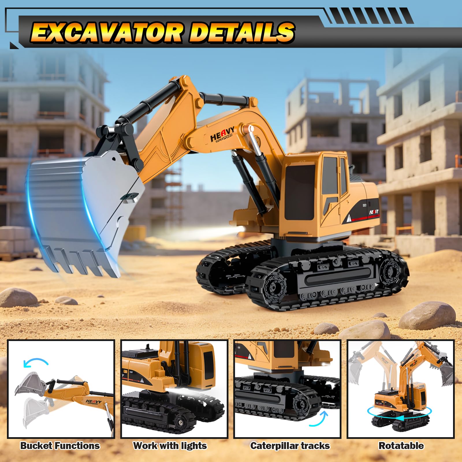 Excavadora Teledirigida y Camión Volquete Juguete, 2,4 GHz Coche Teledirigido Juguete, Vehículos de Construcción RC con Luces y Sonidos, Regalo de Cumpleaños Navidad para 3-12 Niño (A)
