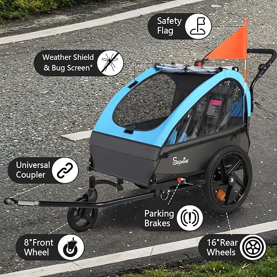 Sepnine Kids Bike Trailer, Suitable for 1 to 2 Children, Double Seat, Universal Coupler, Foldable, Canopy with Bug Screen and Weather Shield, with 5-Point Harness and Storage Bags