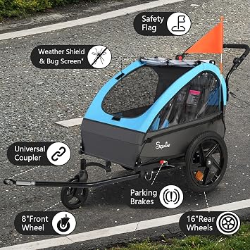 Sepnine Kids Bike Trailer, Suitable for 1 to 2 Children, Double Seat, Universal Coupler, Foldable, Canopy with Bug Screen and Weather Shield, with 5-Point Harness and Storage Bags