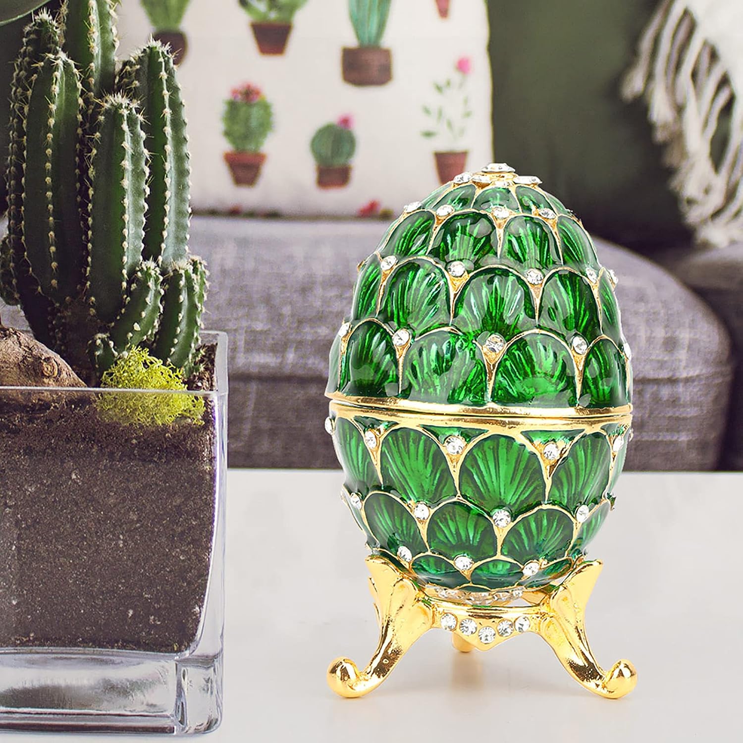 Fdit Enameled Easter Egg Jewelry Organizer, Vintage Trinket Box, Zinc Alloy, Green, 4.3x7cm image 4