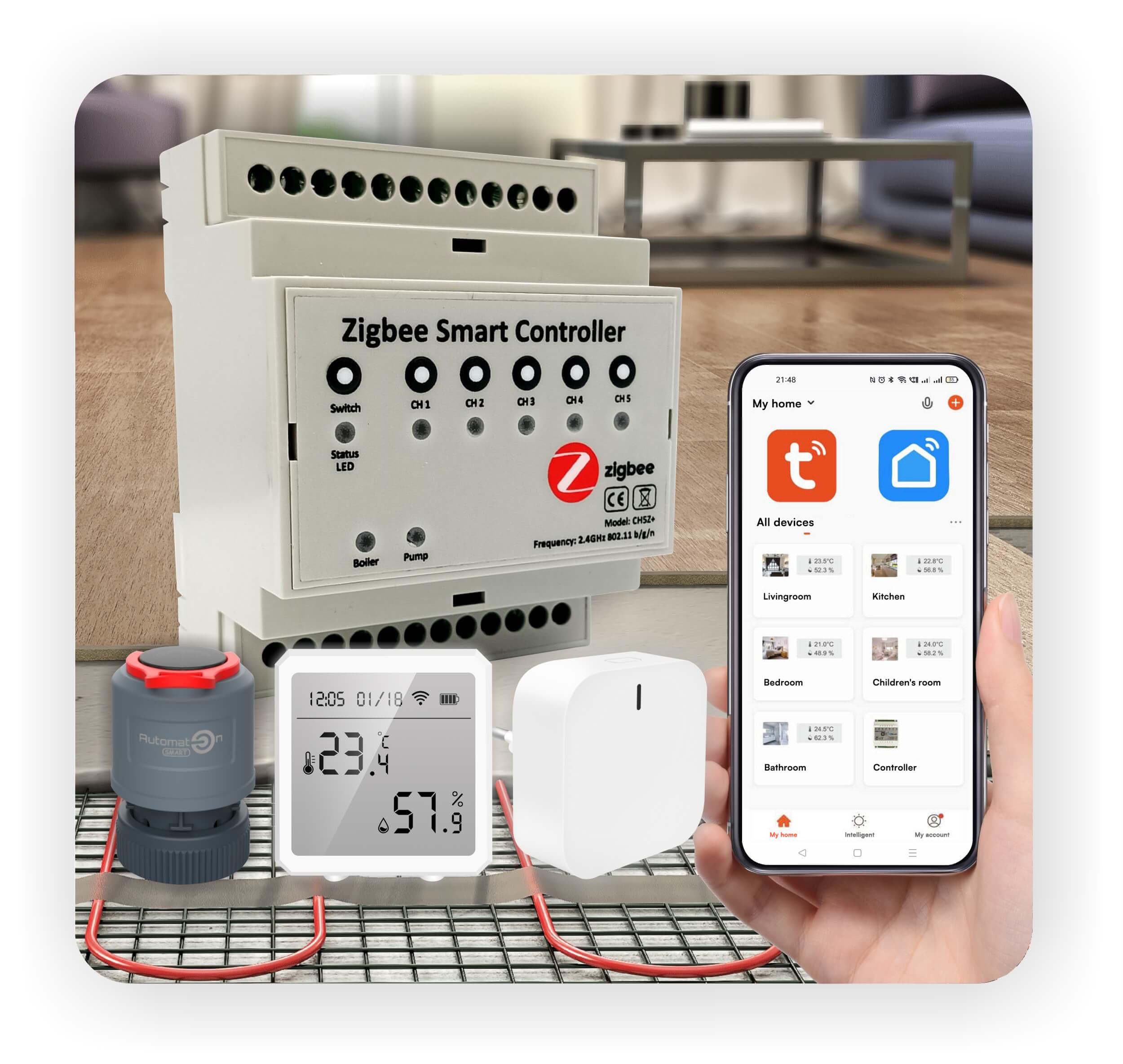 Automat-on Set für Fußbodenheizung mit 5X Zigbee Temperatur und Luftfeuchtigkeitsmesser 5X Stellantrieb Fussbodenheizung 230V Controller und Zigbee Gateway 3.0 Kompatibel mit Alexa Google Home
