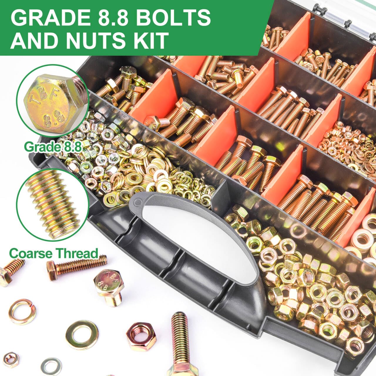 Foliv 1580pcs Metric Bolt Assortment, M4 M5 M6 M8 Nuts and Bolts Assortment Kit, Grade 8.8 Alloy Steel with Yellow Zinc Plated, Length from 12-30mm