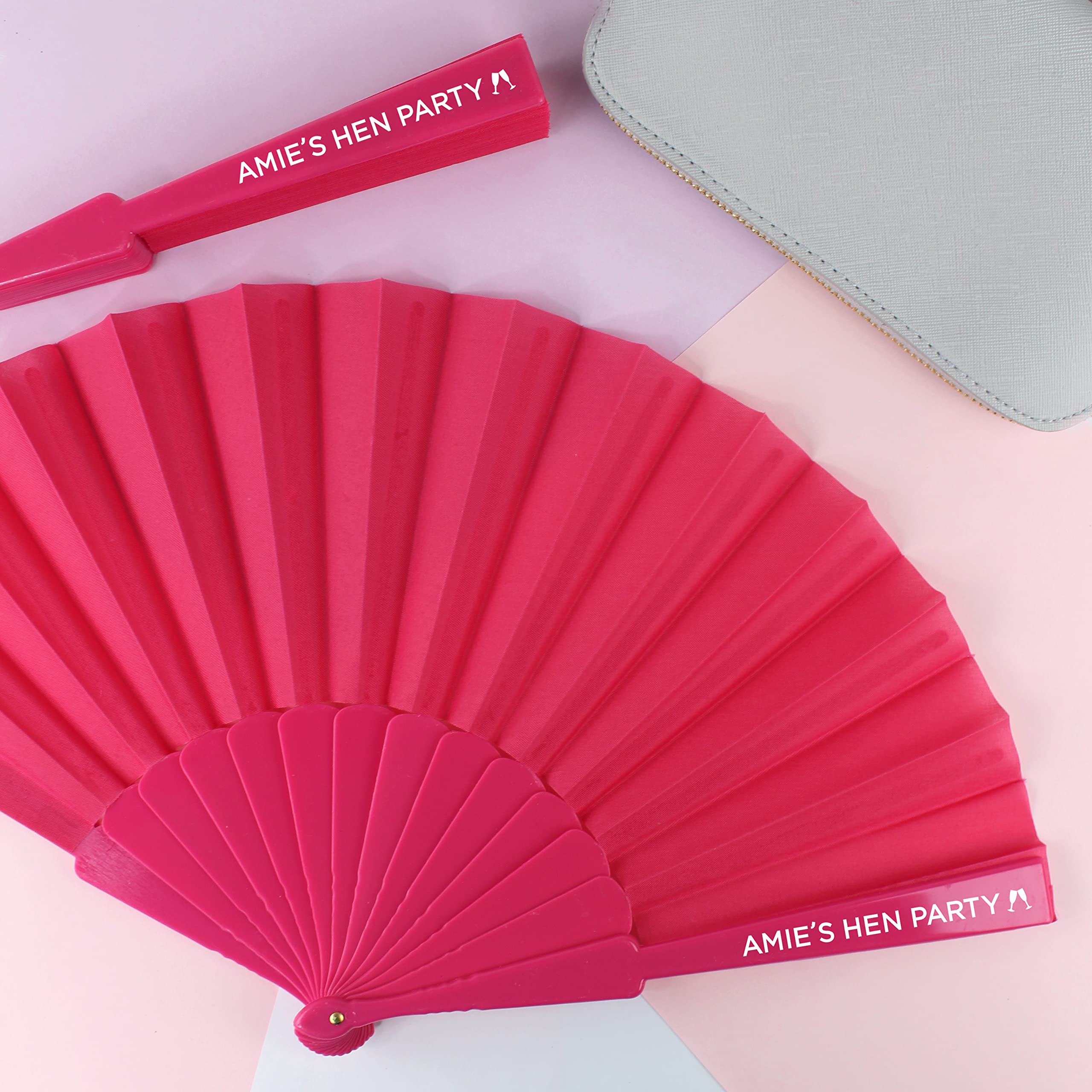 Ebuygb Girls Pink Personalised Folding Handheld Fan, Hen Party Fan, Bridal Party Favours For Hen Do Abroad, Weekend, Pool Party, Destination Wedding (Sample)