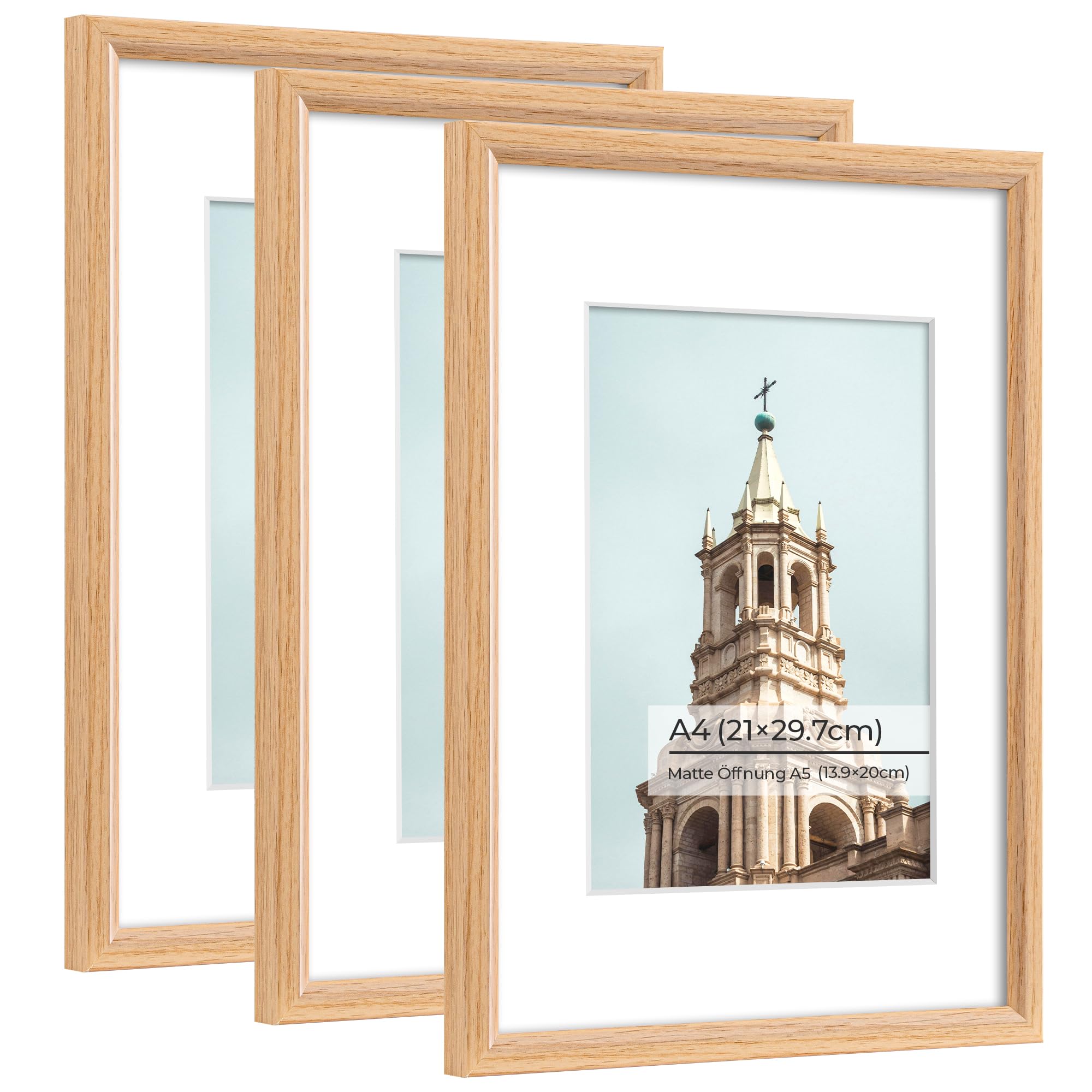 A4 Picture Frame, Display Pictures A5 with Mat or A4 Without Mat, Wall and Tabletop Display Photo Frame, Natural Woodgrain, 3 Packs