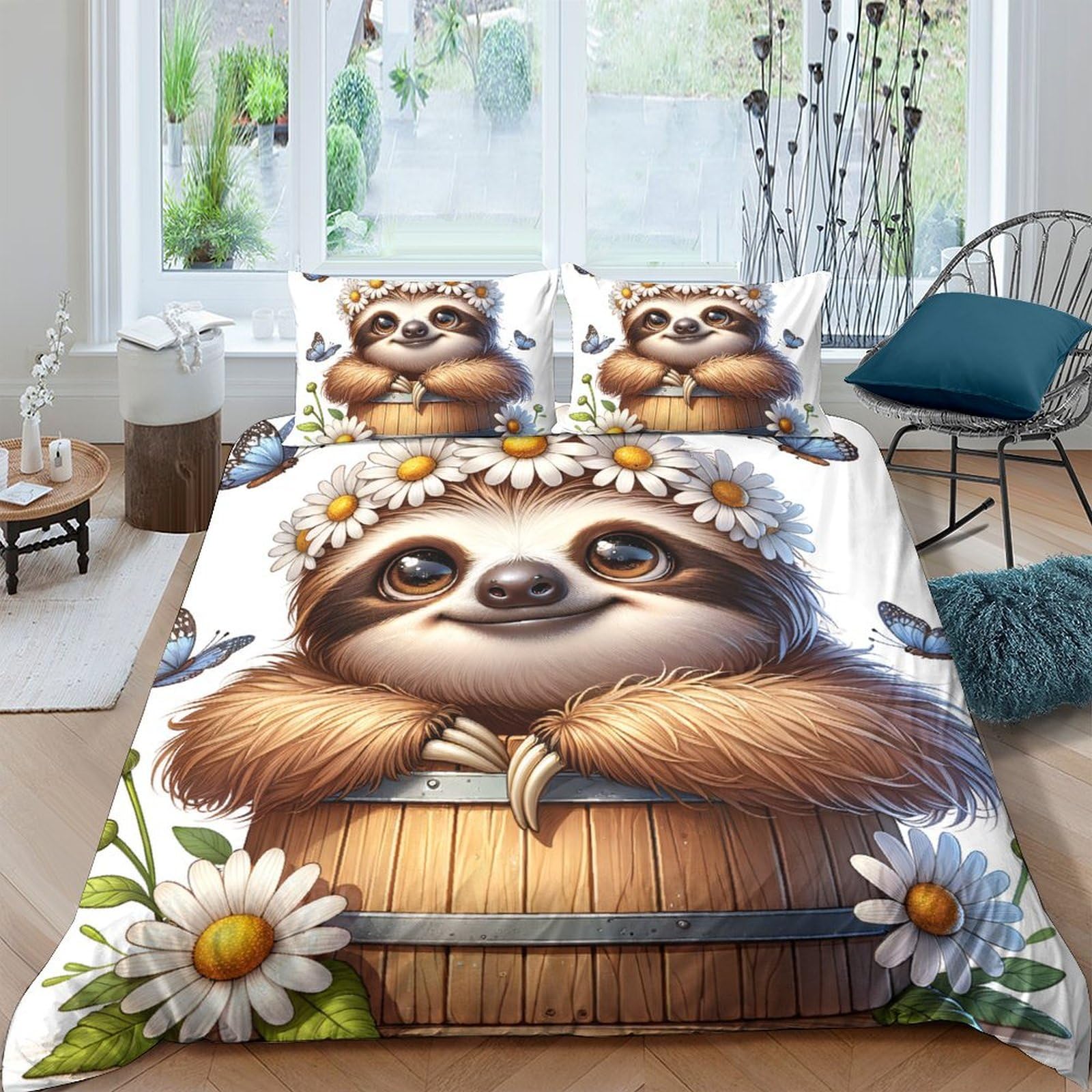 Ctjqhvkz Style-7 3D Printed Cute Sloth Fitted Sheet Microfiber Soft Washable Daisies Mattress Cover For Bedroom Guest Room Decor Single（135X200cm）