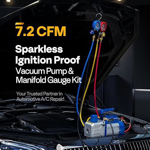 Miniatura 3 de VIVOHOME Bomba de vacío HVAC de 34 HP 7.2CFM y kit de medidor de CA de 4 vías y máquina de recuperación de refrigerante portátil de doble cilindro