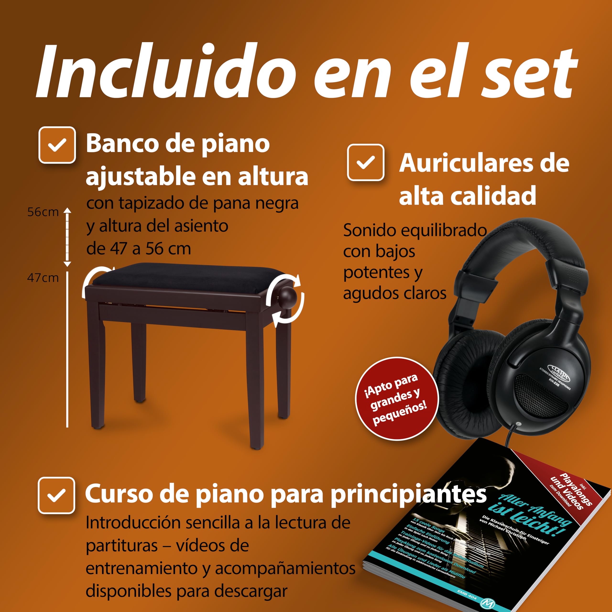 Classic Cantabile DP-50 Piano digital 88 teclas con mecanica martillo - Teclado electronico USB, 32 polifonía y funcion Twin-Piano - Organo musical para ninos - Set con banqueta y auriculares - Marrón