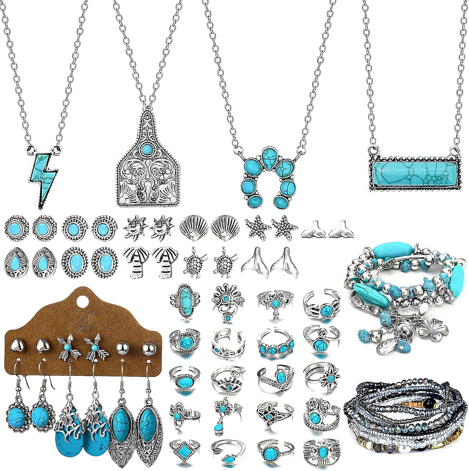 NEWITIN Silver Bohemian Jewelry Set for Women Fashion Costume Jewelry Turquoise Necklace Bracelet Earrings Western Turquoise Jewelry Set for Women