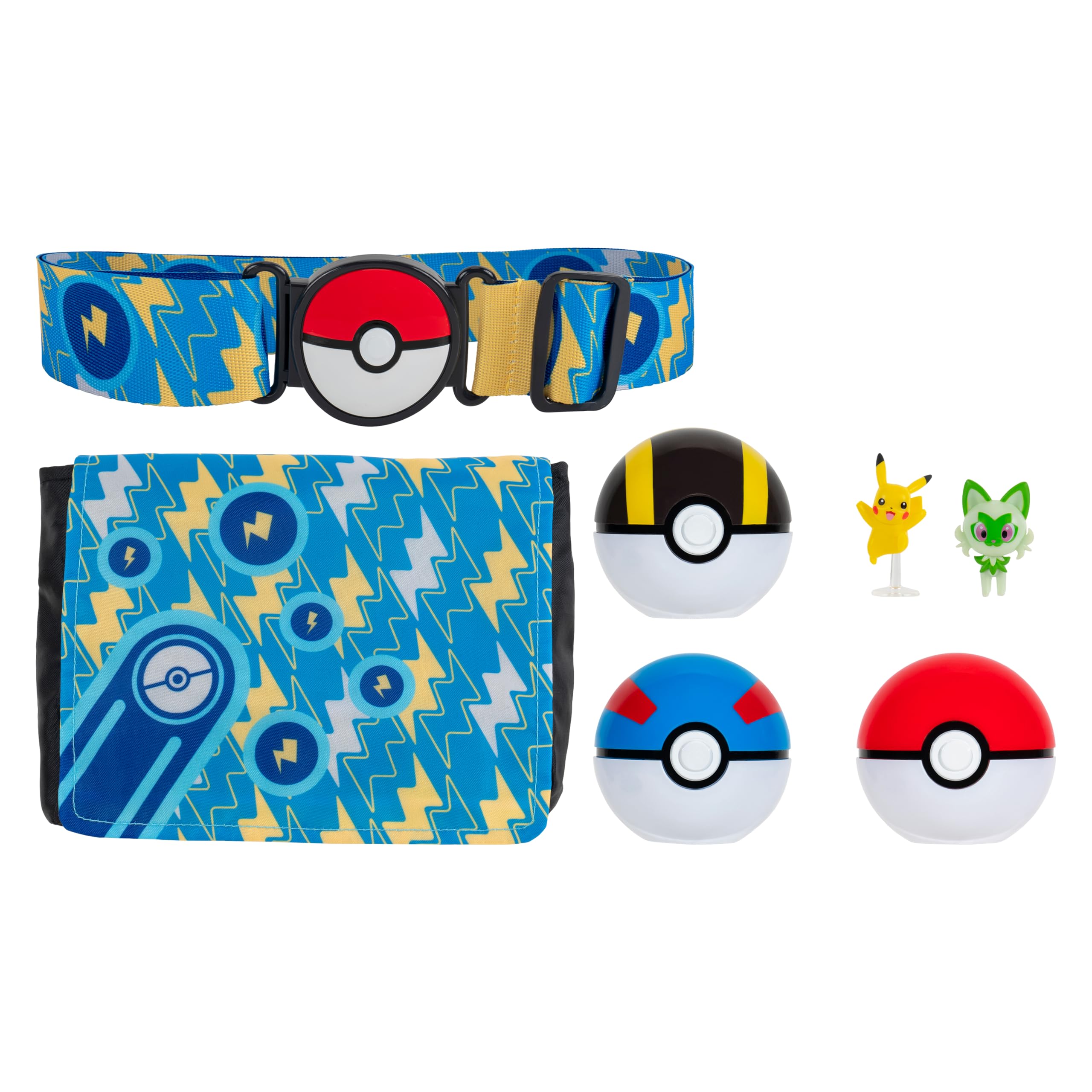 Pokemon Clip N Go Bandolier Promo Set – 5 cm personaggio di combattimento Pikachu & Sprigatito – 3 Poké Balls, cintura, borsa – Set di giocattoli per bambini 4+ – Prodotto ufficiale Pokémon per
