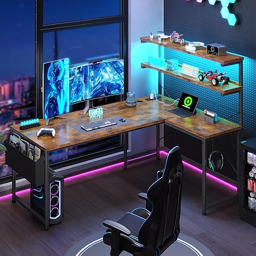 Miniatura 4 de Escritorio para juegos en forma de L con luz LED y toma de corriente, escritorio de oficina reversible en forma de L de 53 pulgadas con estante y