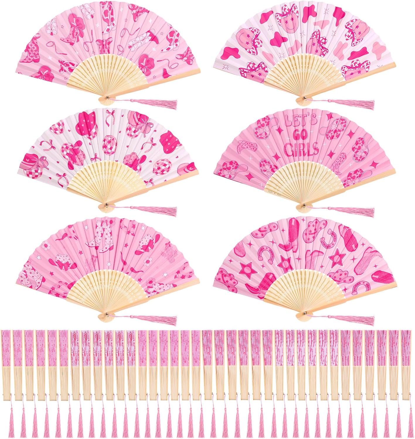 36Pcs Cowgirl Folding Hand Fan with Tassel Decorative Handheld Fans Pink Preppy Smile Cowboy Hat Disco Ball Paper Fans for Western Rodeo Bachelorette Birthday Supplies