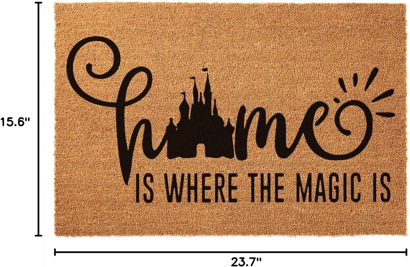 Funny Coir Doormat - Home is Where the Magic Is Welcome - Heavy-Duty PVC Back Non Slip Outdoor Coconut Coir Doormat - 23.6 x 15.7 inch