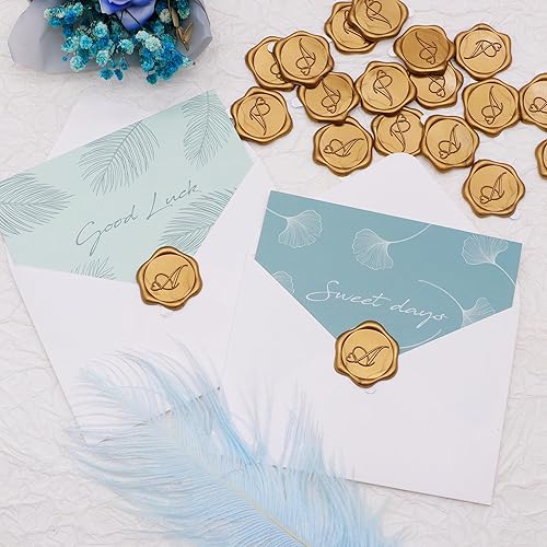 Miniatura 5 de SWANGSA Paquete de 50 calcomanías de sello de cera con letra A, diseño de corazón dorado antiguo, calcomanías de cera con inicial, invitación de