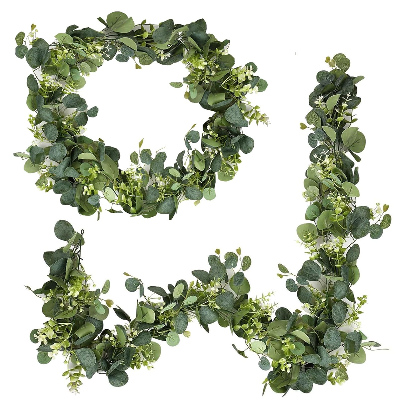2 Stück efeu Girlande,1.8m Künstliche Girlanden Eukalyptus Girlande mit Weiße Blumen, Eukalyptus Deko, Hochzeitsfeier Deko, Grüne Pflanzendekoration, Blätter Girlande (Grün)