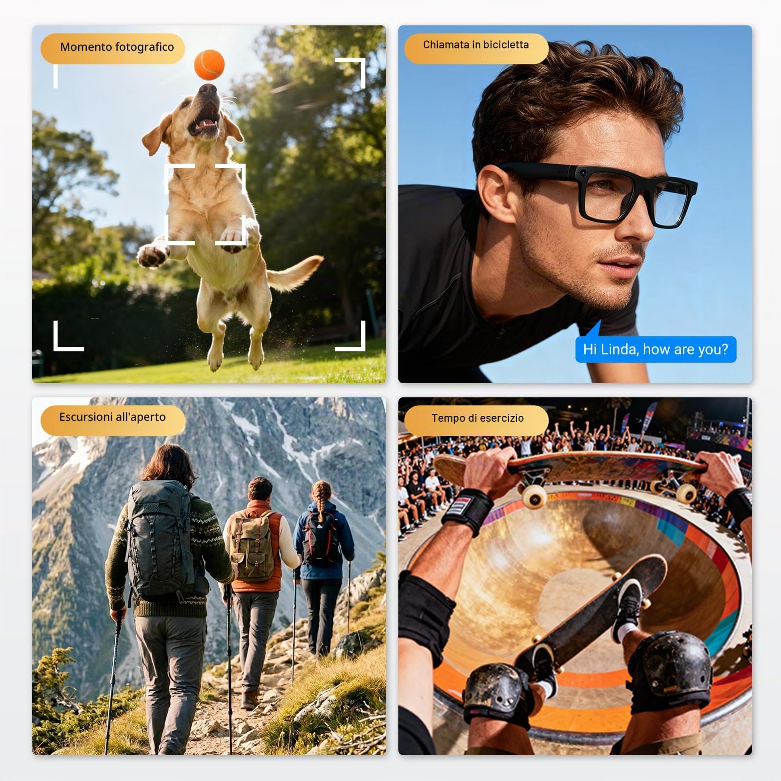 GLV-024P Occhiali Smart con Fotocamera 12MP e Video Full HD 1080P, Occhiali Intelligenti con AI, Comando Vocale, Audio Bluetooth, Stabilizzazione 6 Assi, WiFi 5GHz, Ideali per Vlog e Sport, 32GB
