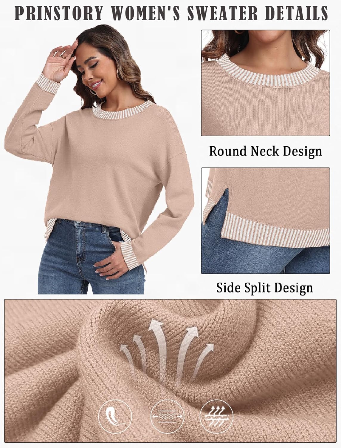 PrinStory Women's Long Sleeve Sweaters Loose Fit Crewneck Pullover Tops with Side Slits 2025 Fall Outfits Fashion Clothes - Image 5
