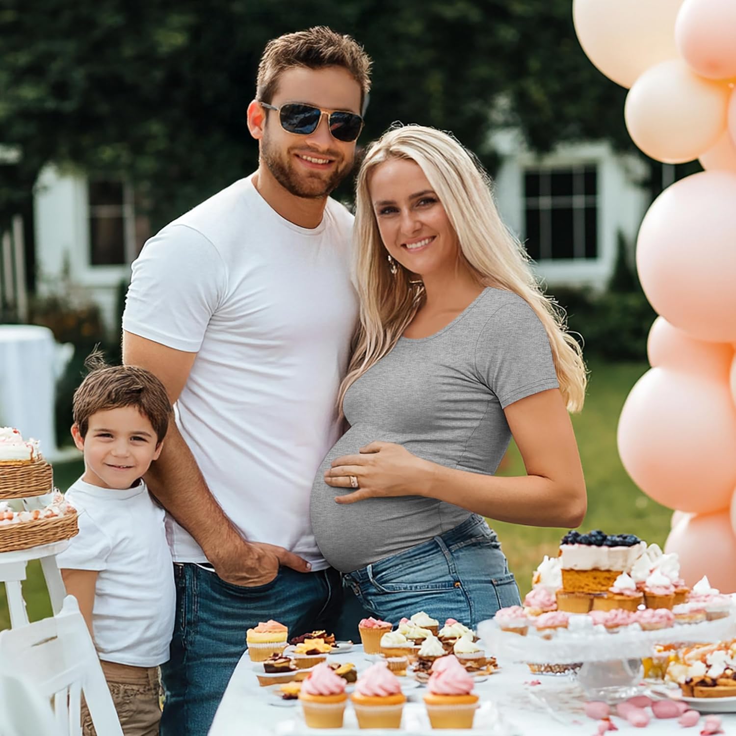 Huukeay 4 Pack Women's Maternity Shirts Scoop Neck Maternity Top Short Sleeve Casual Tee Side Ruched Pregnancy Clothes - Image 4