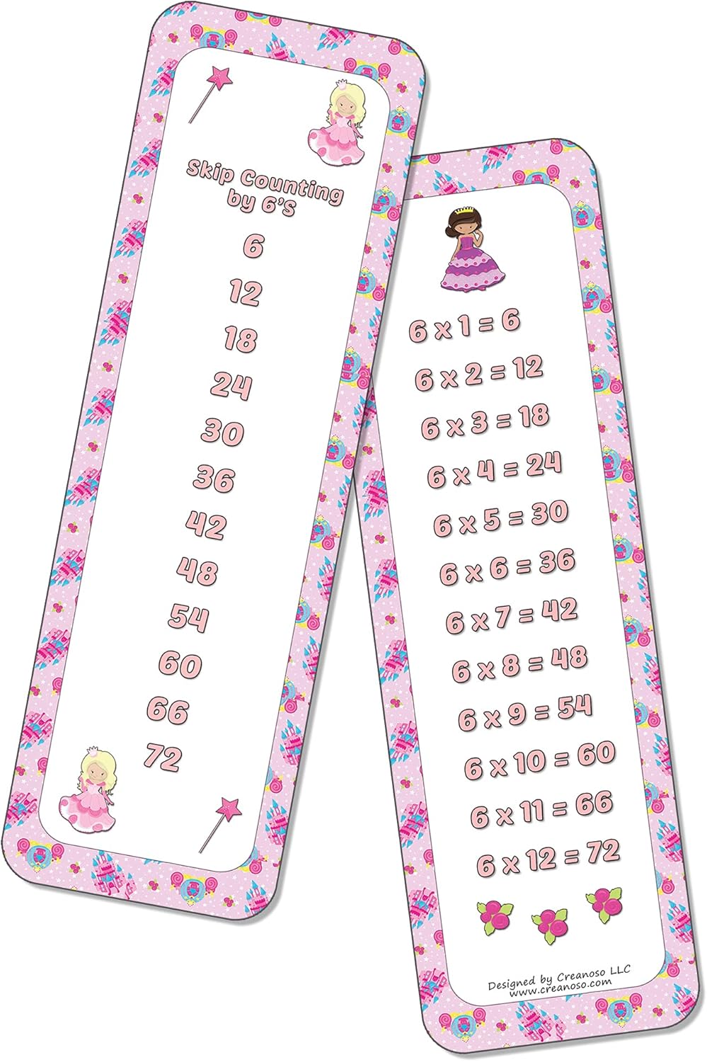 Creanoso Skip Counting Chart Bookmark Cards - Princess Theme (6-Set X 11 Cards) - Stocking Stuffers Gifts Book Page Clippers Giveaways