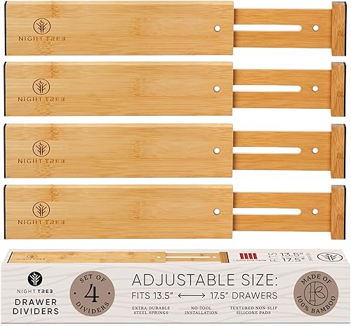 Night Tree - Separadores de cajones de bambú expandibles con resorte - Organizadores de madera ajustables para ropa, utensilios de cocina, baño