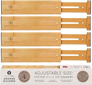Night Tree Expandable Bamboo Drawer Dividers – Spring-Loaded Wooden Organizers for Clothes, Kitchen Utensils, Bathroom, and Dresser Drawers (13.5" to 17.5")