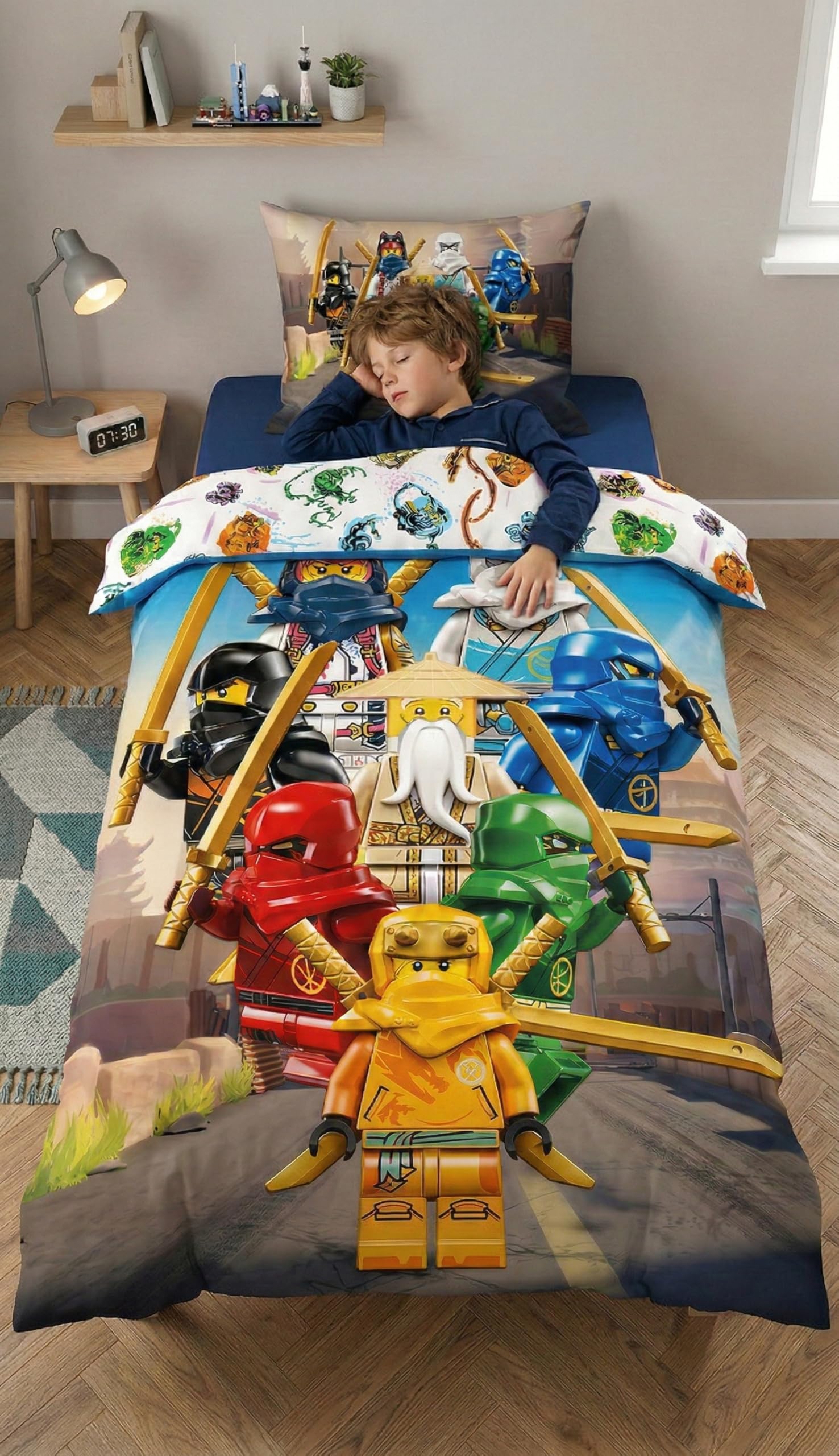 Lego Ninjago Team Pościel 140x200 + Poszewka 100% Bawełna Pokój Chłopca | Odwracalna pościel jednoosobowa | Bawełna naturalna oddychająca Oeko-Tex | Licencja Lego | 4-12 lat | Do prania w pralce