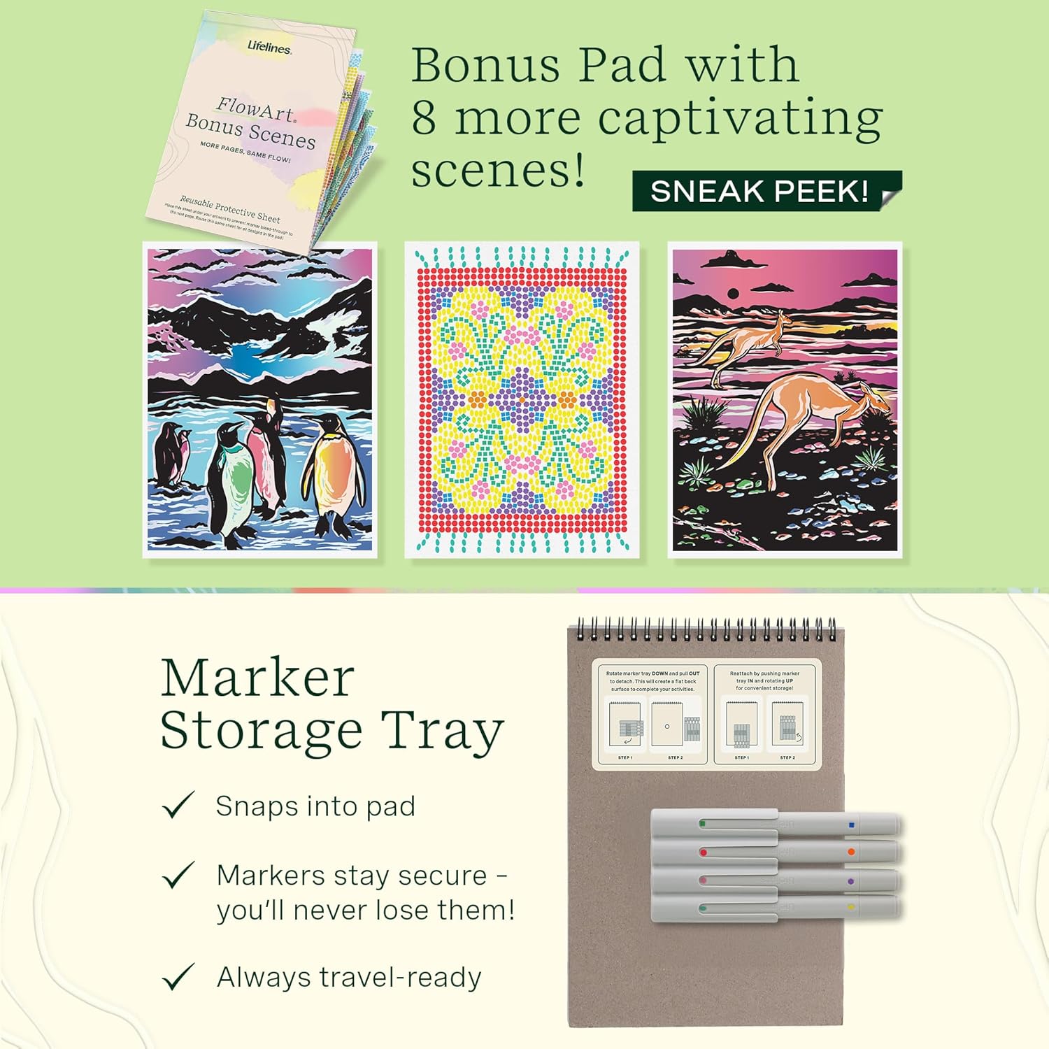 Lifelines FlowArt Activity Pads, 2-Pack with 8 Double-Sided Markers, 40 Scenes & Bonus Pad - Guided Dot Art Meditations - Stamp-by-Shape & Hidden Patterns Coloring Books for Tweens, Adults & Seniors