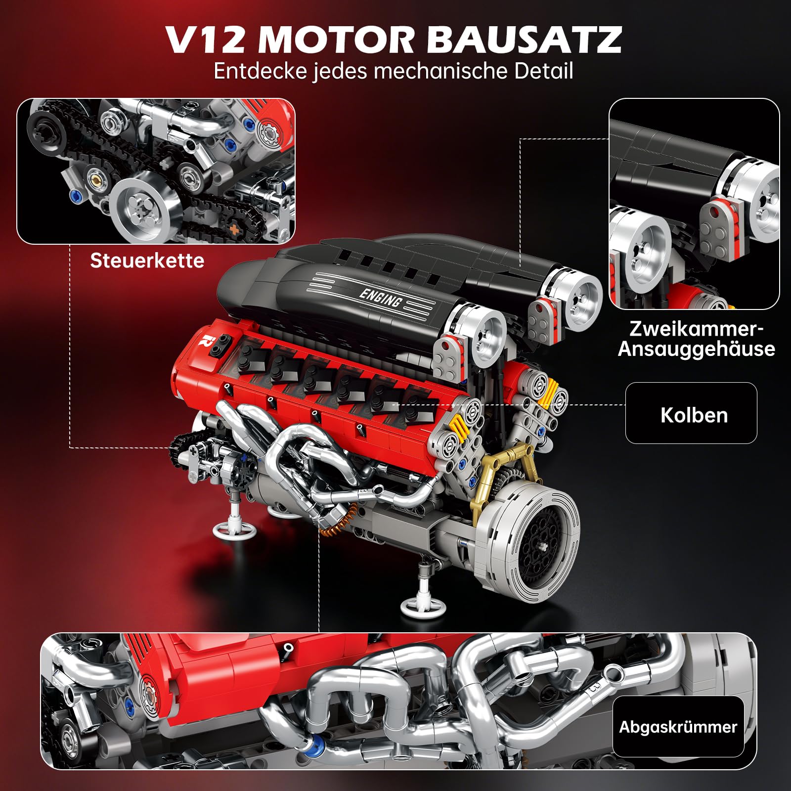 Reobrix Technik V12 Motor Bausatz 33016 Benzinmotor Modell Klemmbausteine | Modell Eines 65°V-Motors, Mechanisches Modell aus Bausteinen, Hochwertiges Sammlerstück für Erwachsene, 1240 Bausteine