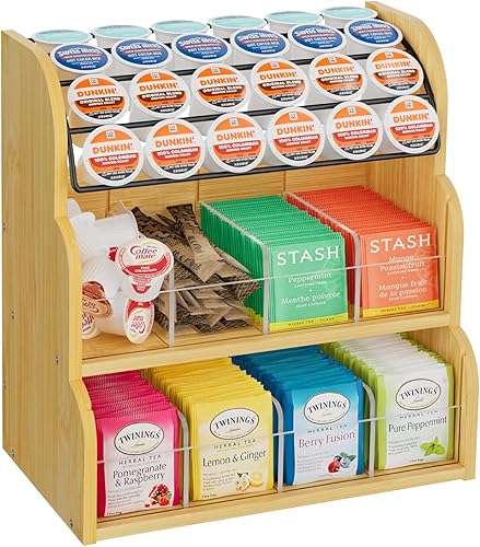 LASZOLA Organizador de bolsas de té de bambú con soporte de cápsulas de café de metal, caja de almacenamiento de bolsa de té, estante dispensador LASZOLA Organizador de bolsas de té de bambú con soporte de cápsulas de café de metal, caja de almacenamiento de bolsa de té, estante dispensador