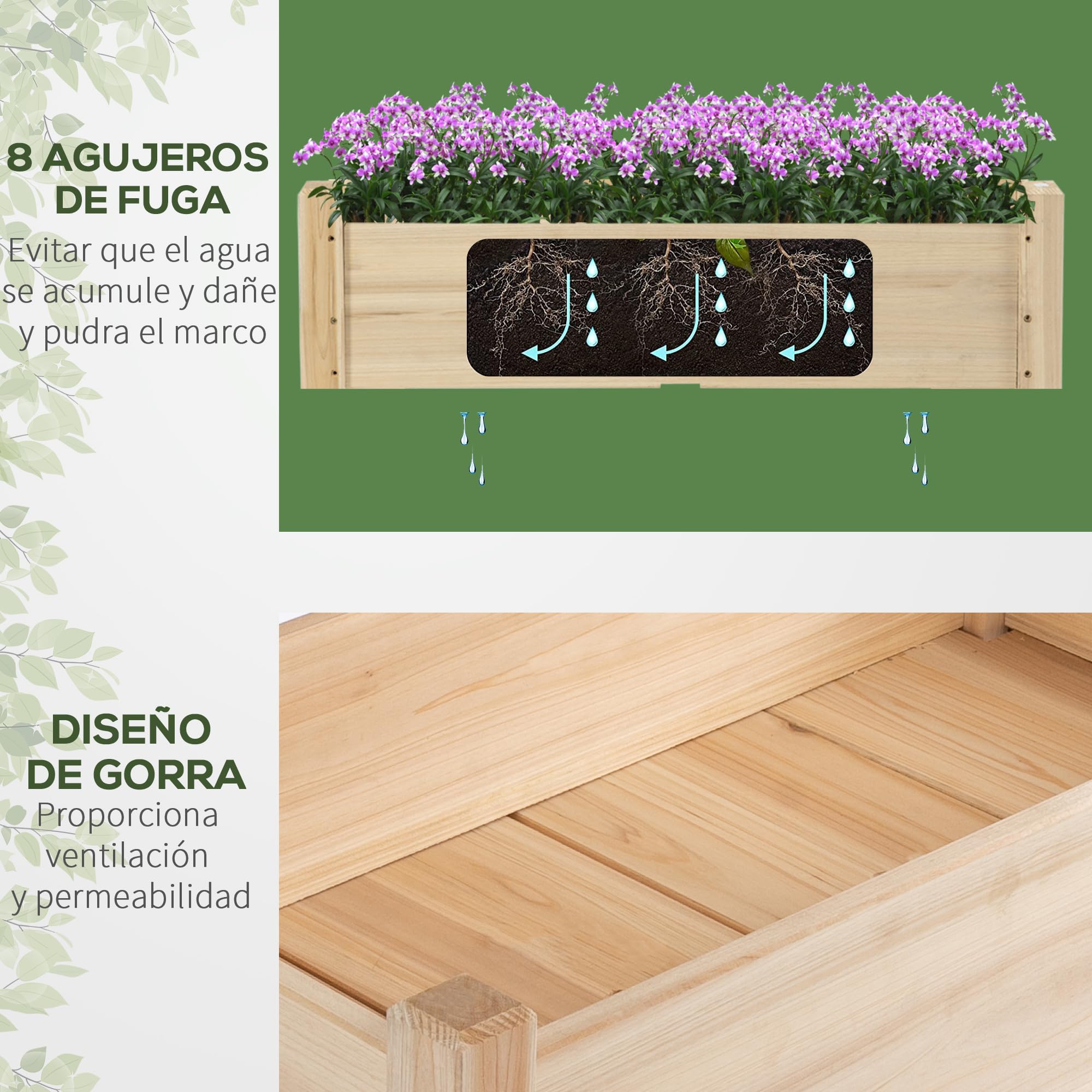 Outsunny Mesa de Cultivo Huerto Urbano Elevado de Madera de 2 Niveles Mesa de Jardinera para Cultivo Plantas Flores Verduras 86x85x72 cm Madera Natural