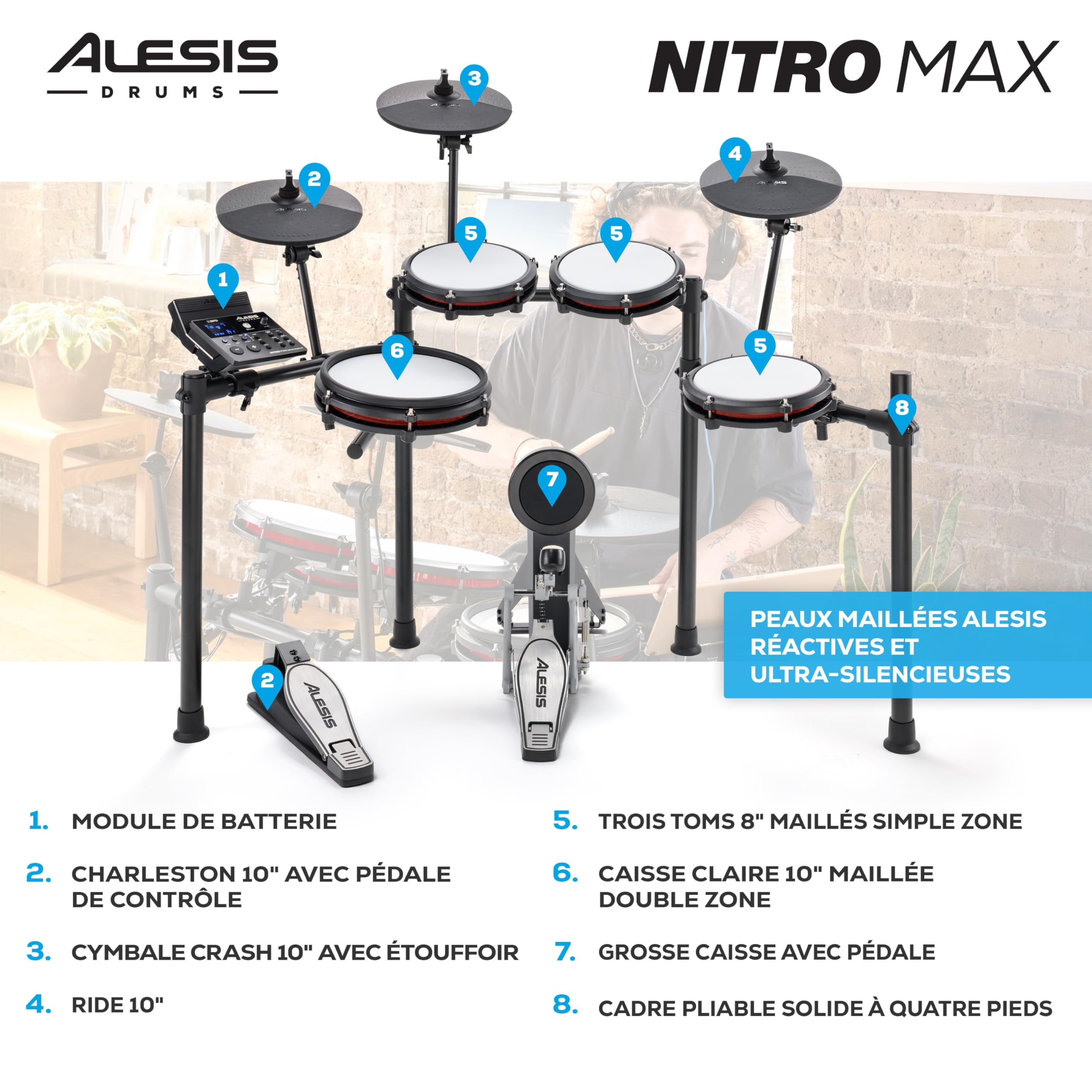 Alesis Nitro Max Kit Batterie Électronique avec Pads en Maille Silencieuse, Caisse Claire 10" Dual Zone, Bluetooth, 440+ Sons Authentiques, Drumeo, USB MIDI, Pédale de Kick