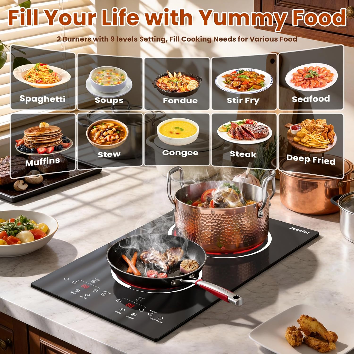 2 Burner Electric Cooktop - 12 Inch Countertop & Built-in Electric Stove Top, 120V Plug in Electrical Cook Top, Timer, Safety Lock, Over-Temperature Protection, Sensor Touch Control